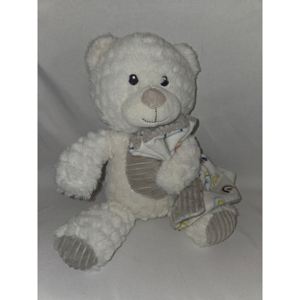 55 White Teddy Bear Plush Lovey Security Blanket Gray Scarf Rainbow Satin... - Picture 1 of 4